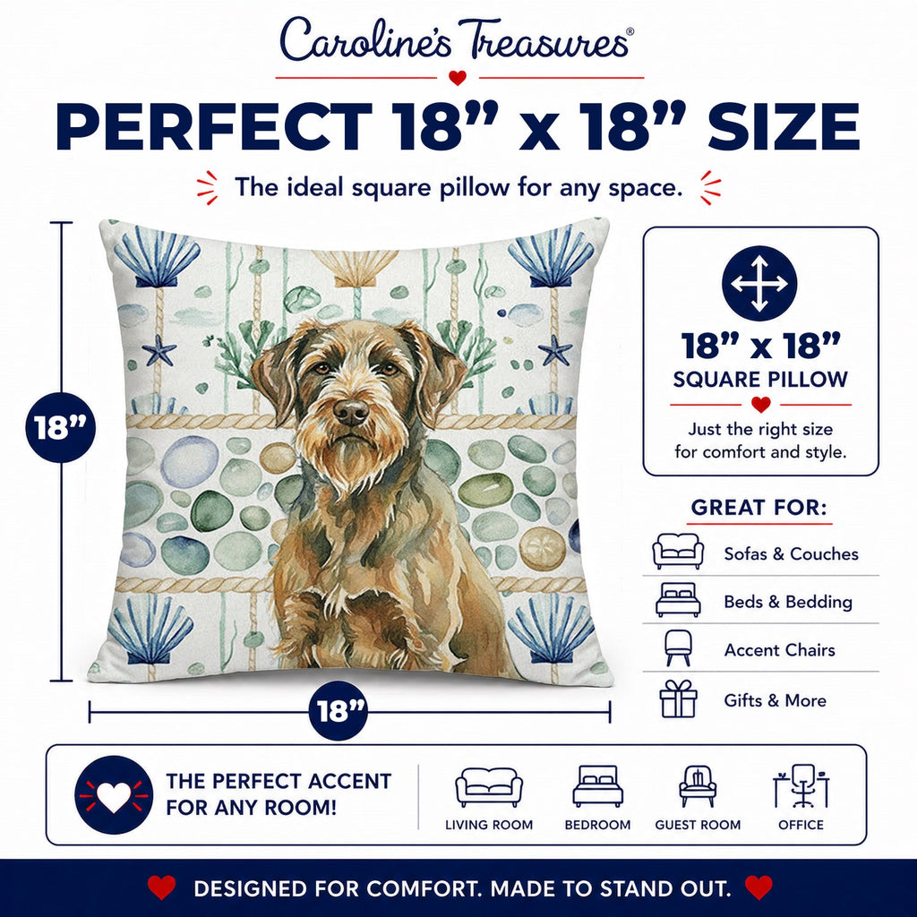 Chestnut Wirehaired Pointing Griffon Coastal Sea Glass Decorative Throw Pillow 18x18 Indoor Outdoor Accent Cushion, Fabric Cover with Insert for Sofa, Bed, Porch & Living Room