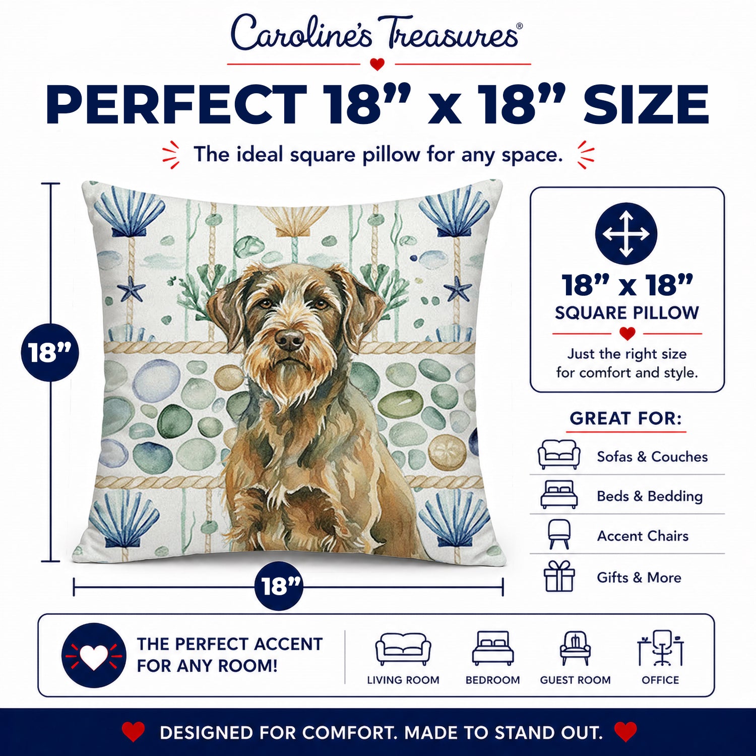 Chestnut Wirehaired Pointing Griffon Coastal Sea Glass Decorative Throw Pillow 18x18 Indoor Outdoor Accent Cushion, Fabric Cover with Insert for Sofa, Bed, Porch & Living Room