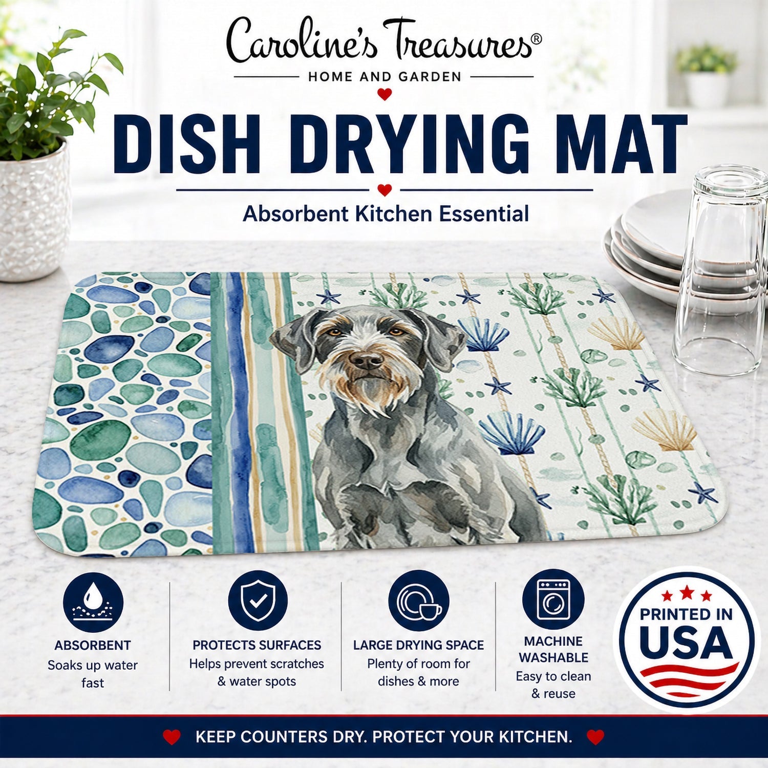 Steel Gray Wirehaired Pointing Griffon Coastal Sea Glass Dish Drying Mat Absorbent Dish Drying Mat Pad for Kitchen Counter Dish Drainer Mat for Countertop, 14 x 21", Multicolor