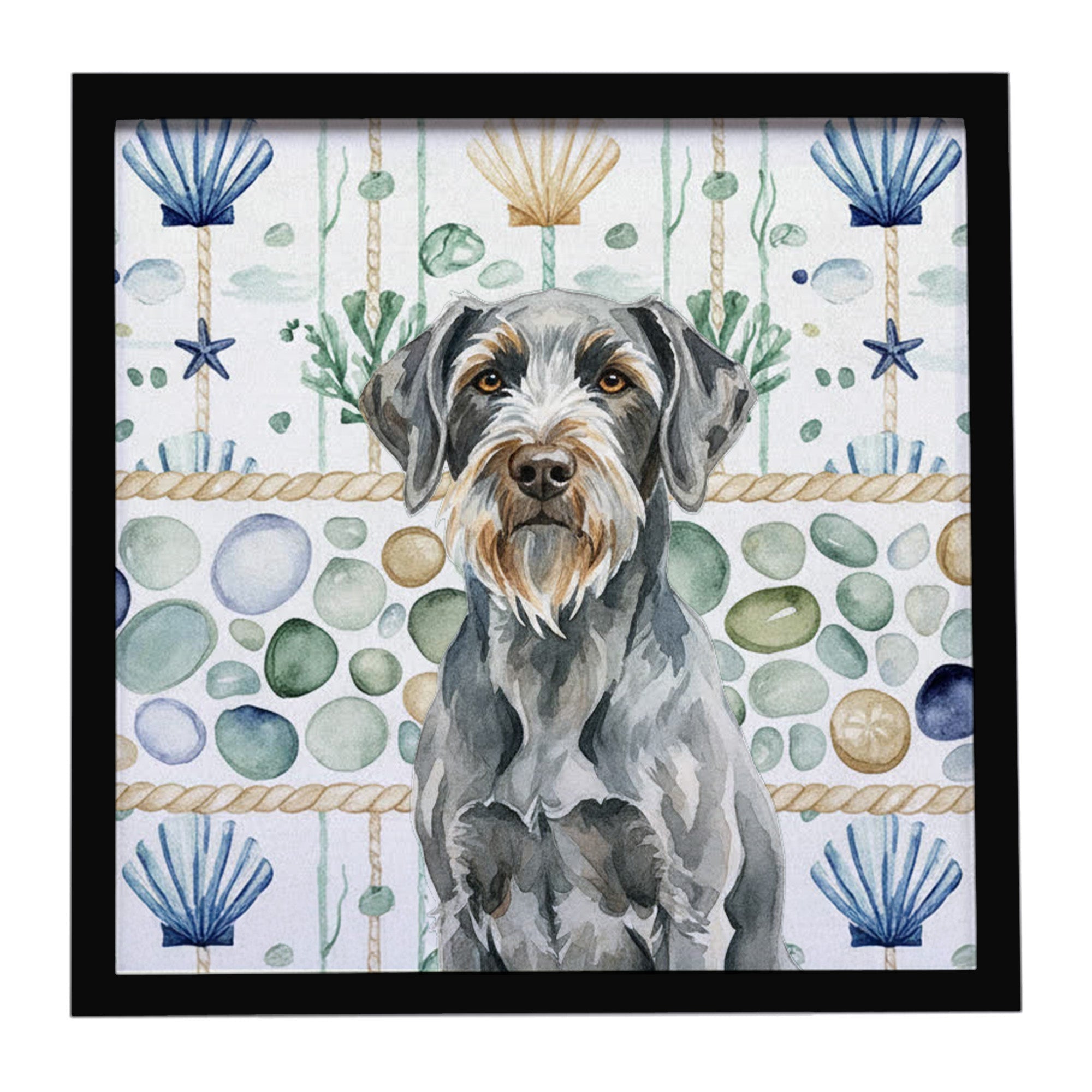 Steel Gray Wirehaired Pointing Griffon Coastal Sea Glass Framed Metal Print Bathroom, Kitchen, Office, Home Decor Wall Art Ready to Hang, Square, 8X8