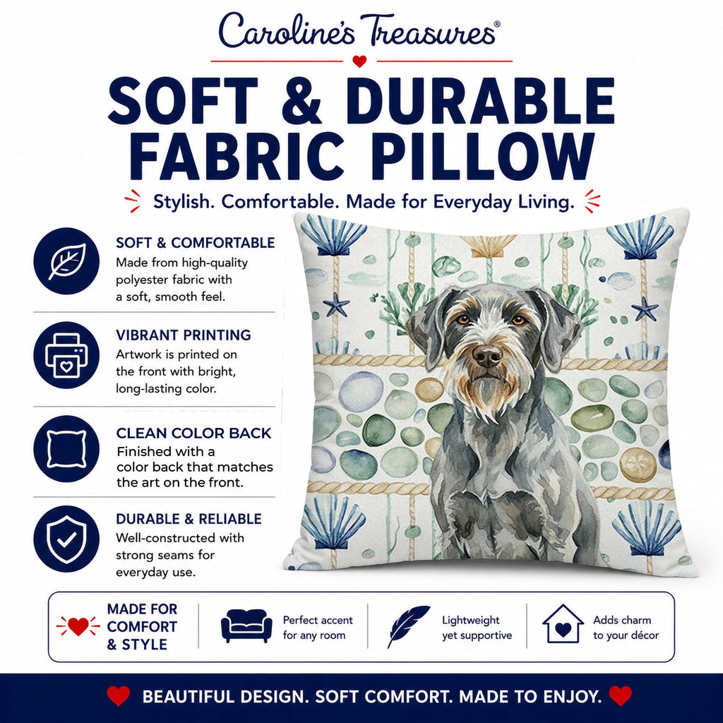 Steel Gray Wirehaired Pointing Griffon Coastal Sea Glass Decorative Throw Pillow 14x14 Indoor Outdoor Accent Cushion, Fabric Cover with Insert for Sofa, Bed, Porch & Living Room