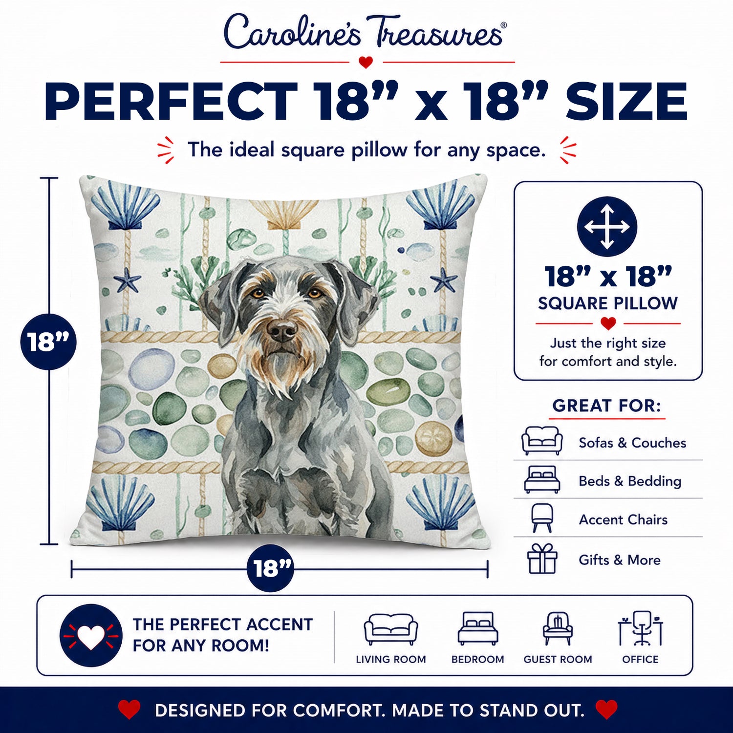 Steel Gray Wirehaired Pointing Griffon Coastal Sea Glass Decorative Throw Pillow 18x18 Indoor Outdoor Accent Cushion, Fabric Cover with Insert for Sofa, Bed, Porch & Living Room