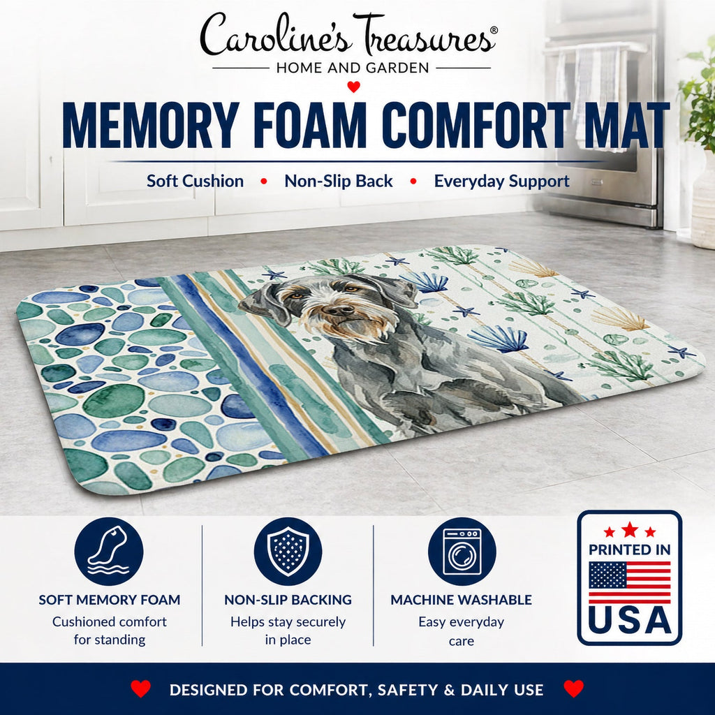 Steel Gray Wirehaired Pointing Griffon Coastal Sea Glass Memory Foam Kitchen Mat Machine Washable Anti-Fatigue Cushion Comfort Bath or Kitchen Rug