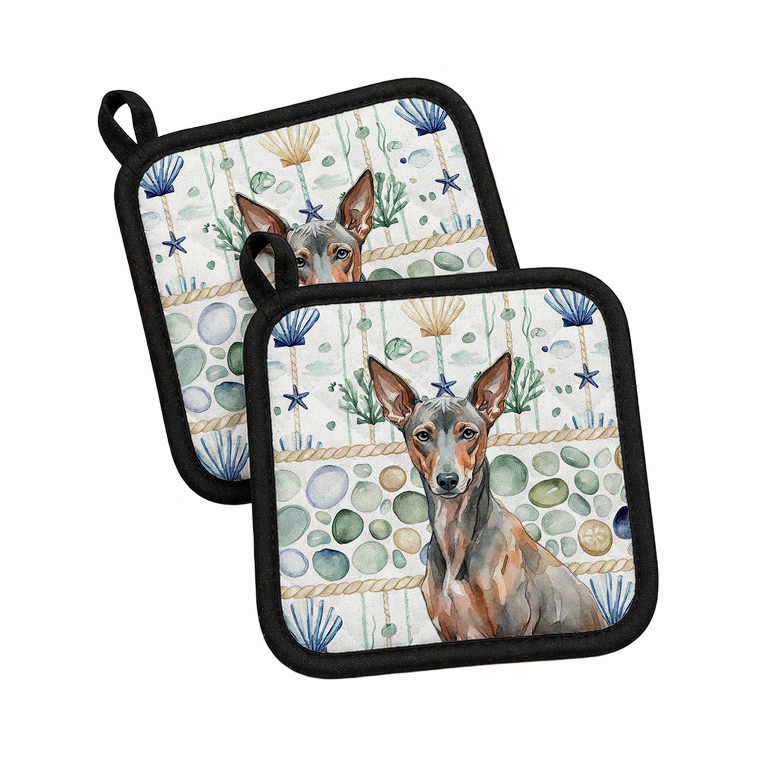 Xoloitzcuintli Coastal Sea Glass Pot Holder Set of 2 Heat Resistant Quilted Hot Pads 7.5 x 7.5 Inch, Insulated Kitchen Trivets for Cooking & Baking