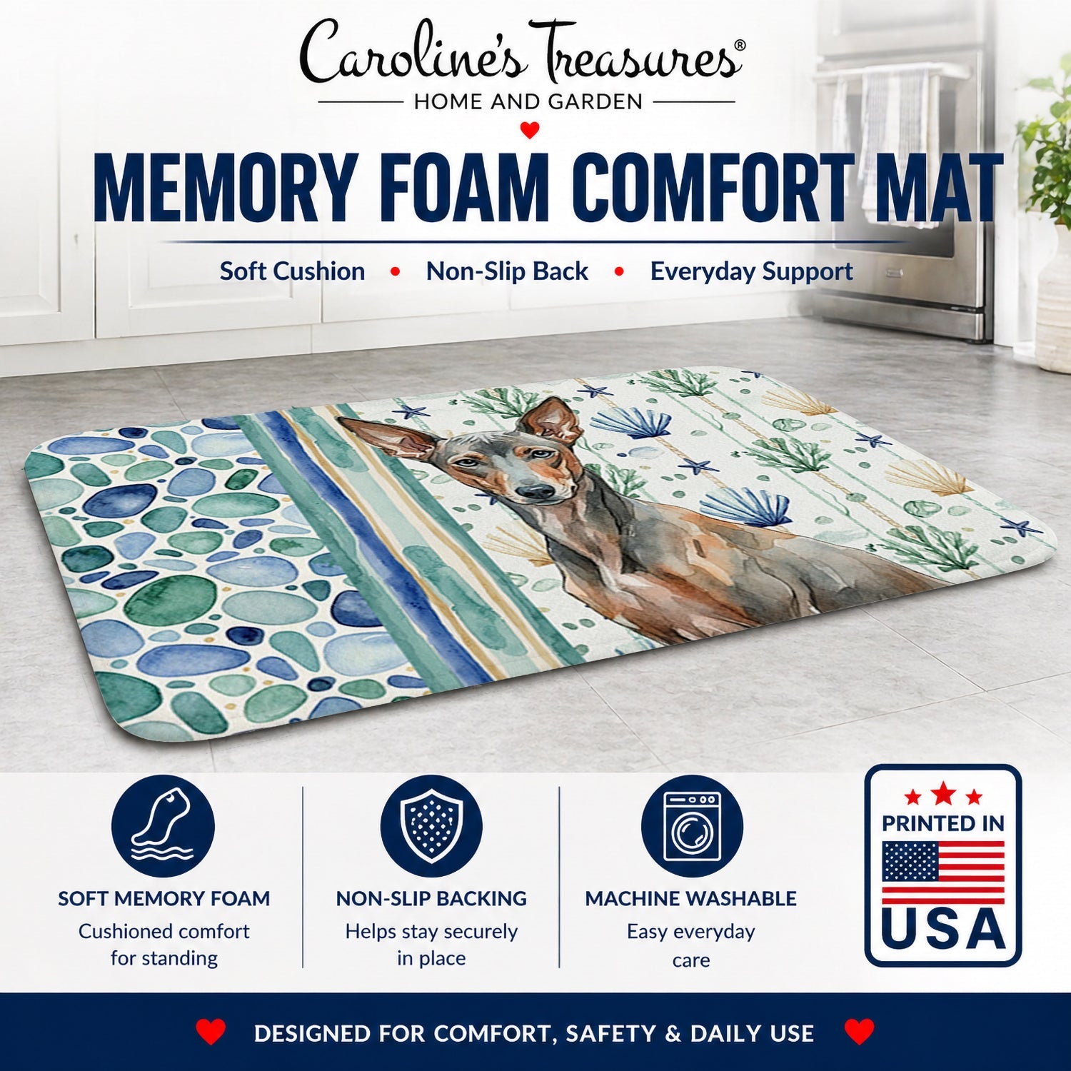 Xoloitzcuintli Coastal Sea Glass Memory Foam Kitchen Mat Machine Washable Anti-Fatigue Cushion Comfort Bath or Kitchen Rug