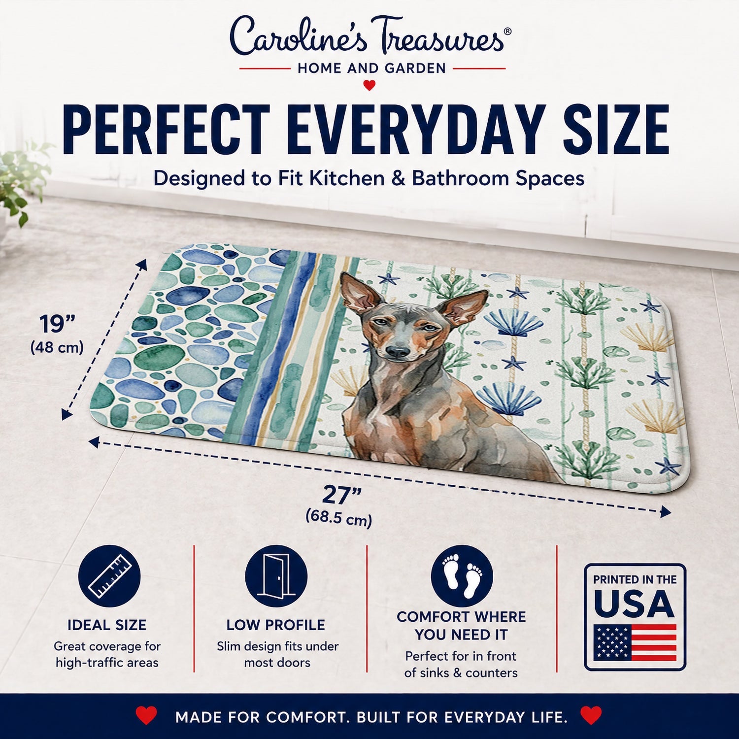 Xoloitzcuintli Coastal Sea Glass Memory Foam Kitchen Mat Machine Washable Anti-Fatigue Cushion Comfort Bath or Kitchen Rug