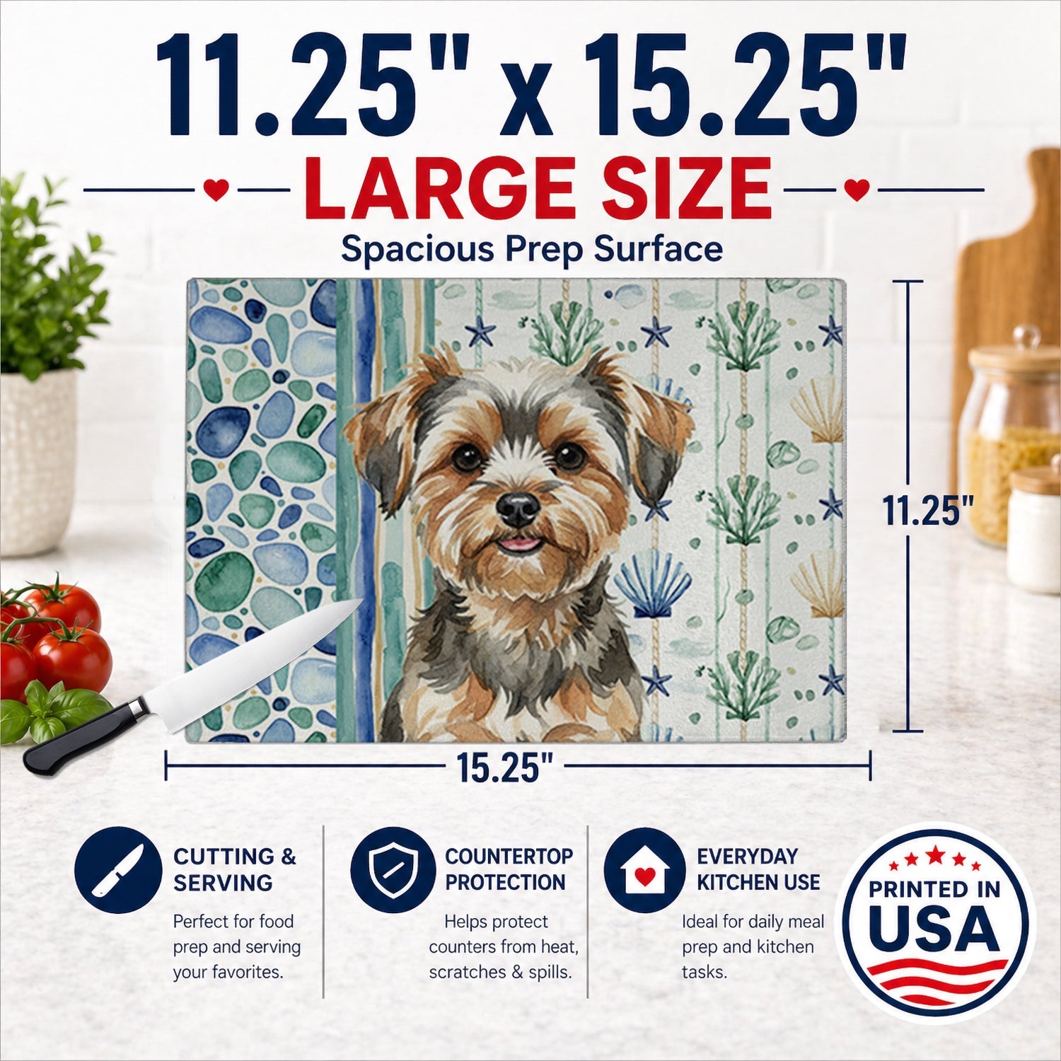 Yorkiepoo Coastal Sea Glass Cutting Board Tempered Glass Kitchen Cutting Surface, Heat Resistant Chopping, Non-Slip Feet, Food Prep & Serving