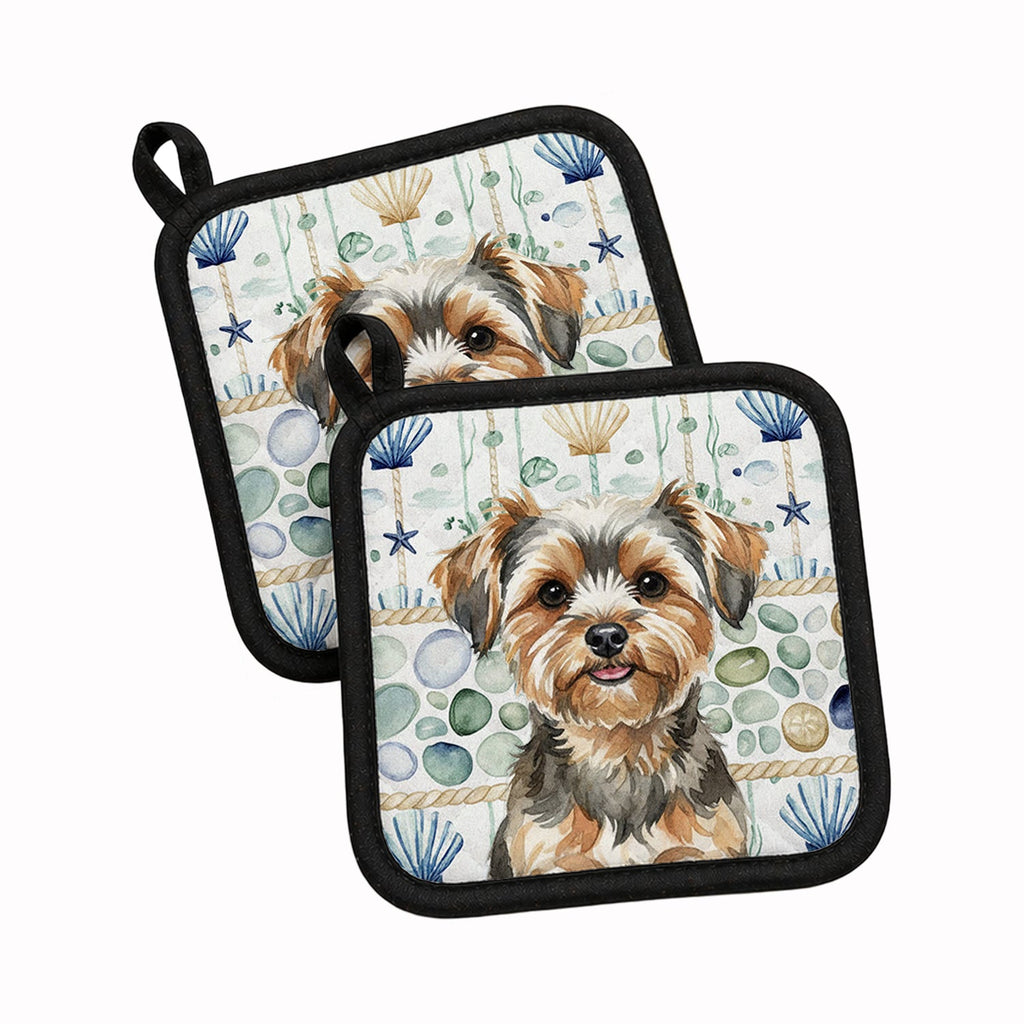Yorkiepoo Coastal Sea Glass Pot Holder Set of 2 Heat Resistant Quilted Hot Pads 7.5 x 7.5 Inch, Insulated Kitchen Trivets for Cooking & Baking