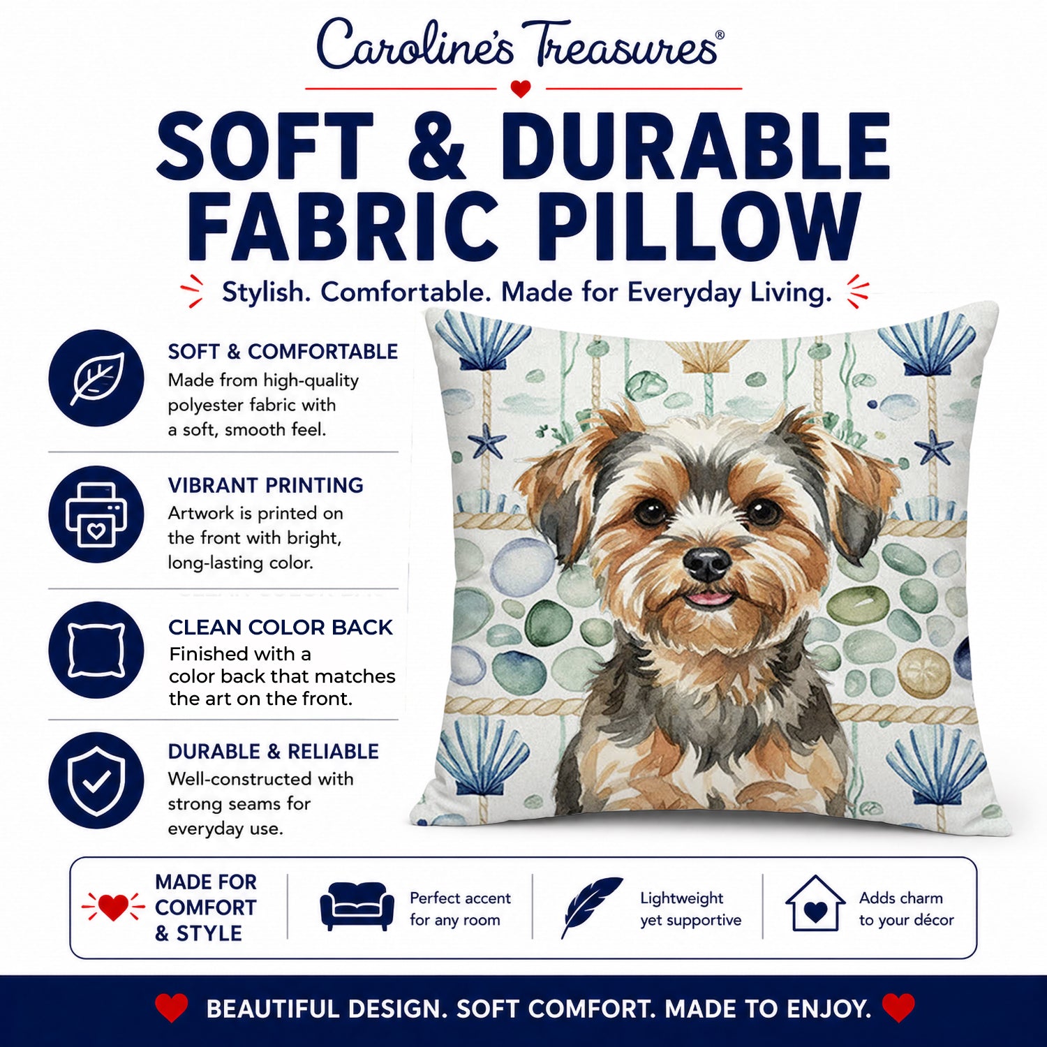 Yorkiepoo Coastal Sea Glass Decorative Throw Pillow 18x18 Indoor Outdoor Accent Cushion, Fabric Cover with Insert for Sofa, Bed, Porch & Living Room