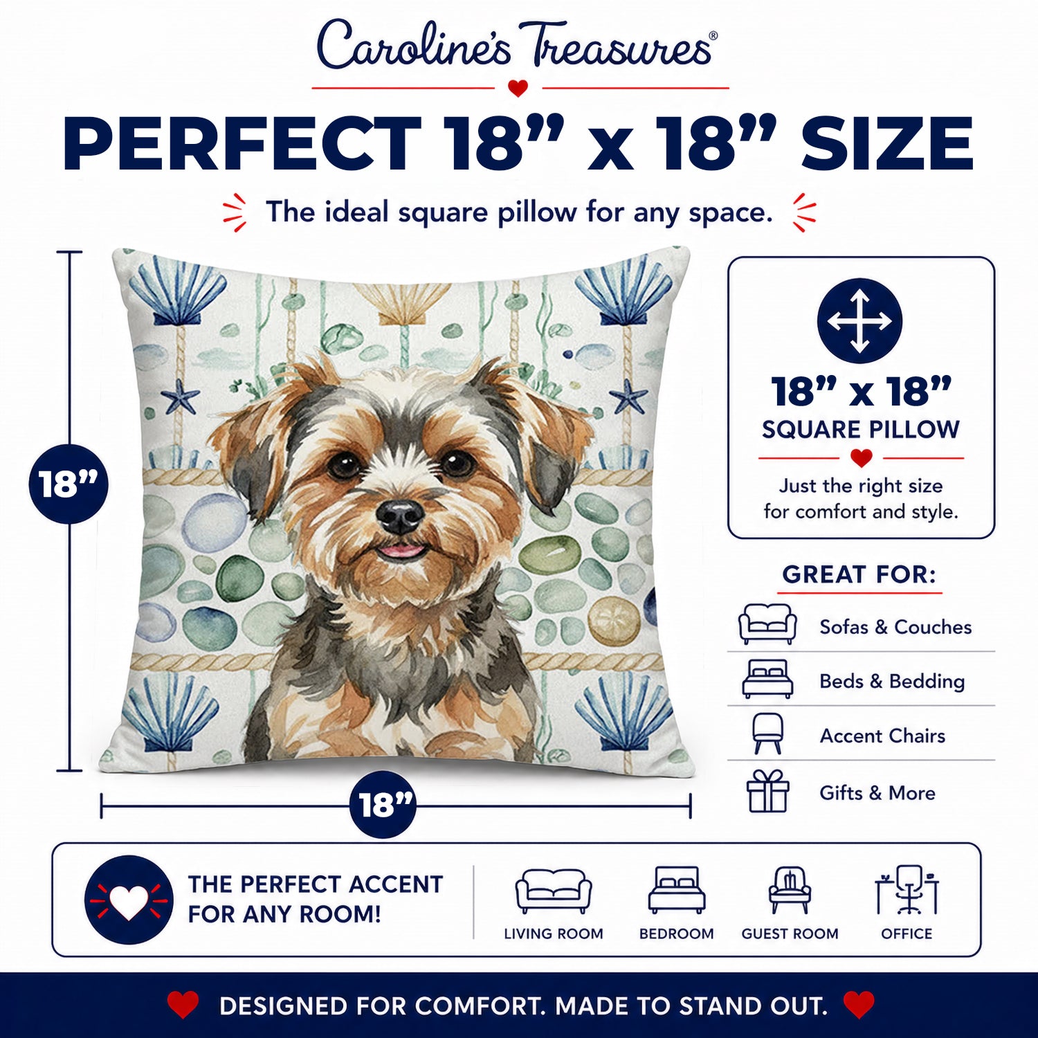 Yorkiepoo Coastal Sea Glass Decorative Throw Pillow 18x18 Indoor Outdoor Accent Cushion, Fabric Cover with Insert for Sofa, Bed, Porch & Living Room