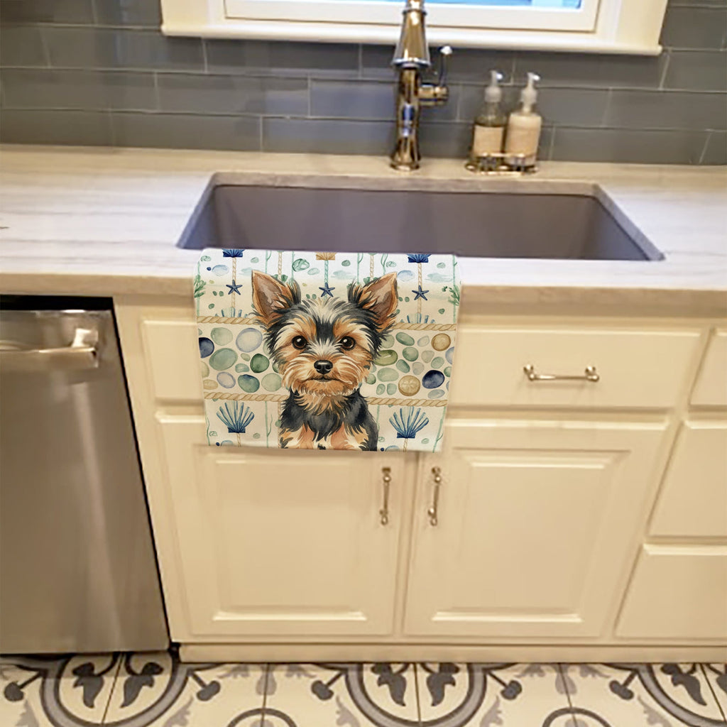 Black and Tan Yorkshire Terrier Coastal Sea Glass Kitchen Towel Velour Plush Front and Cotton Loop Back Machine Washable