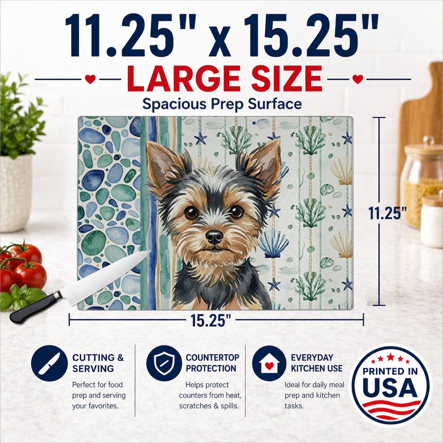 Black and Tan Yorkshire Terrier Coastal Sea Glass Cutting Board Tempered Glass Kitchen Cutting Surface, Heat Resistant Chopping, Non-Slip Feet, Food Prep & Serving