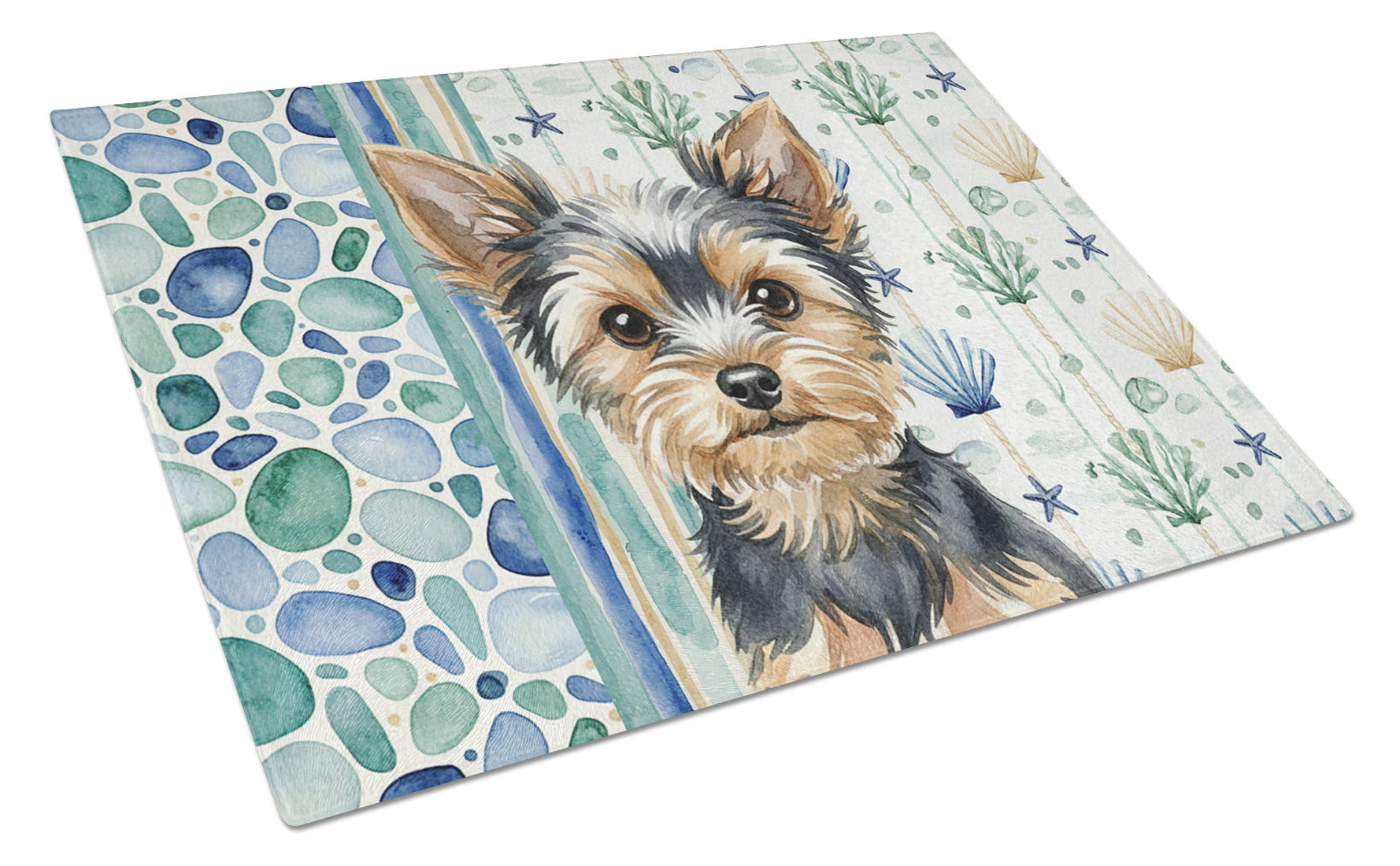 Black and Tan Yorkshire Terrier Coastal Sea Glass Cutting Board Tempered Glass Kitchen Cutting Surface, Heat Resistant Chopping, Non-Slip Feet, Food Prep & Serving