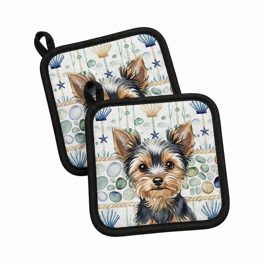 Black and Tan Yorkshire Terrier Coastal Sea Glass Pot Holder Set of 2 Heat Resistant Quilted Hot Pads 7.5 x 7.5 Inch, Insulated Kitchen Trivets for Cooking & Baking
