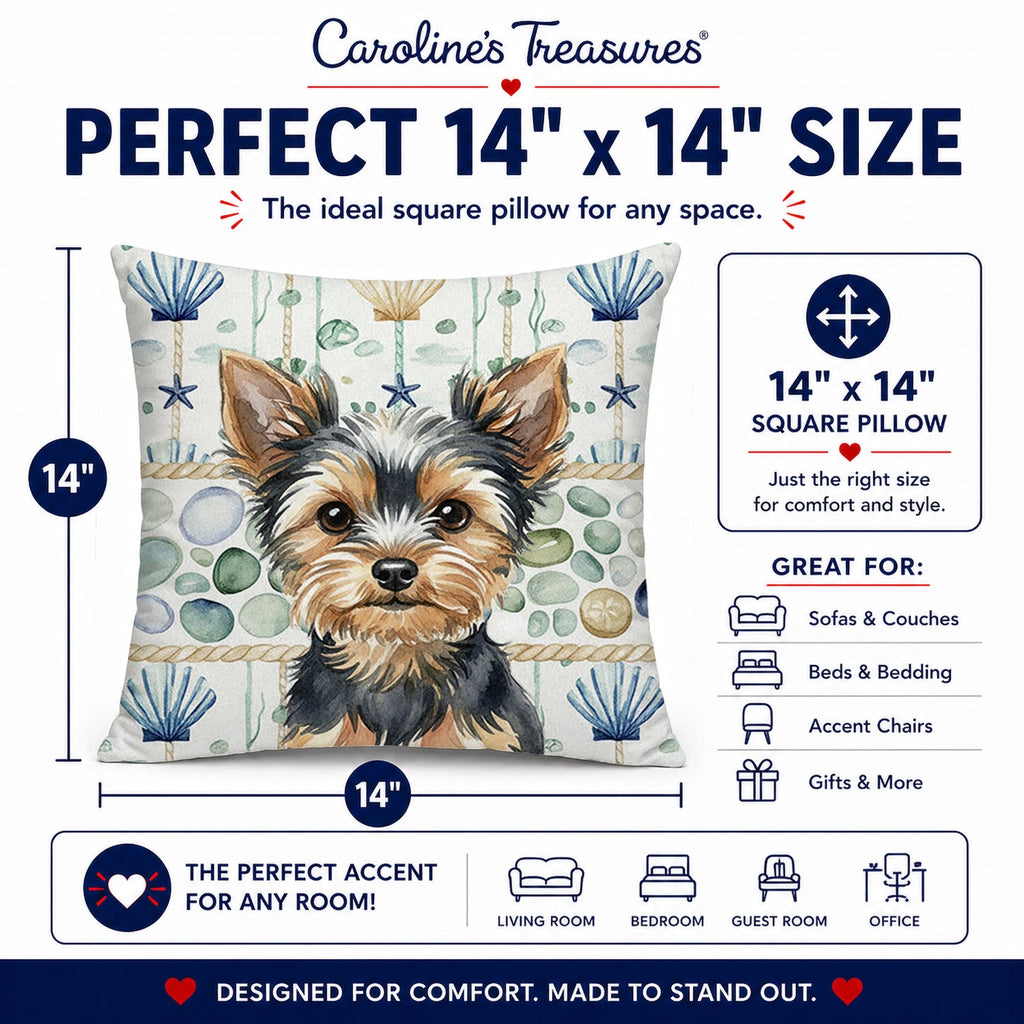 Black and Tan Yorkshire Terrier Coastal Sea Glass Decorative Throw Pillow 14x14 Indoor Outdoor Accent Cushion, Fabric Cover with Insert for Sofa, Bed, Porch & Living Room