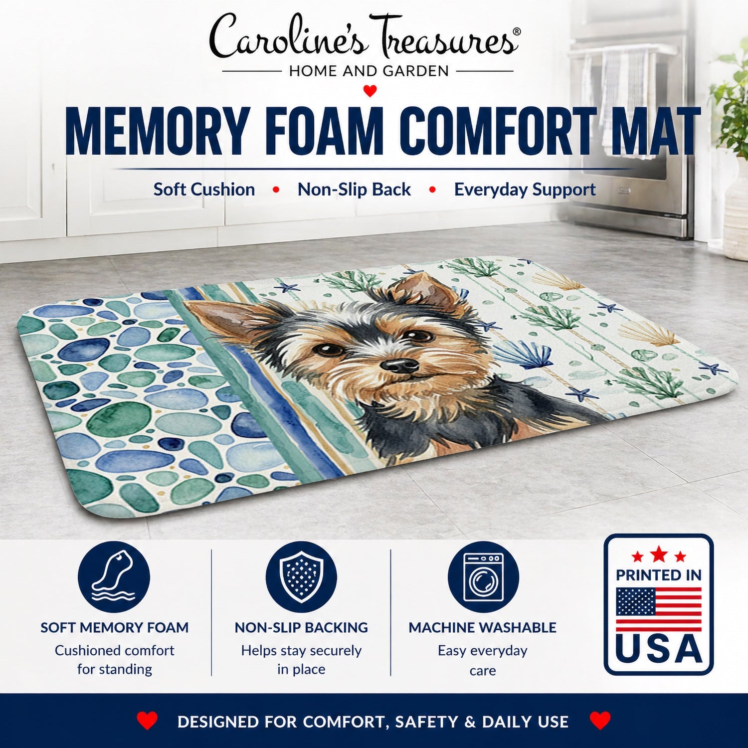 Black and Tan Yorkshire Terrier Coastal Sea Glass Memory Foam Kitchen Mat Machine Washable Anti-Fatigue Cushion Comfort Bath or Kitchen Rug