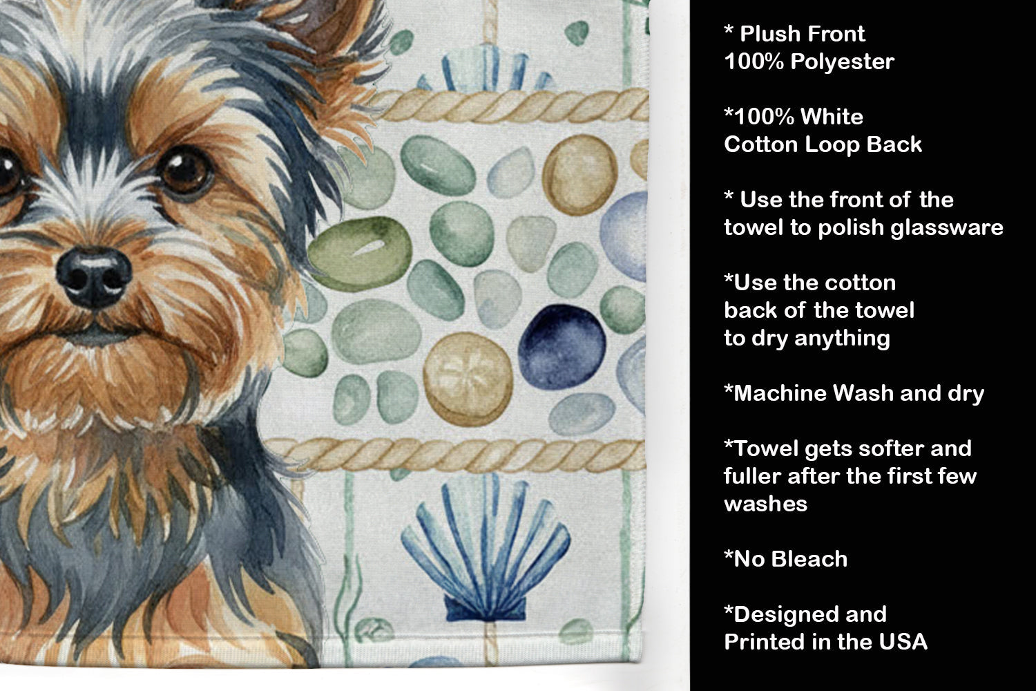 Blue and Tan Yorkshire Terrier Coastal Sea Glass Kitchen Towel Velour Plush Front and Cotton Loop Back Machine Washable
