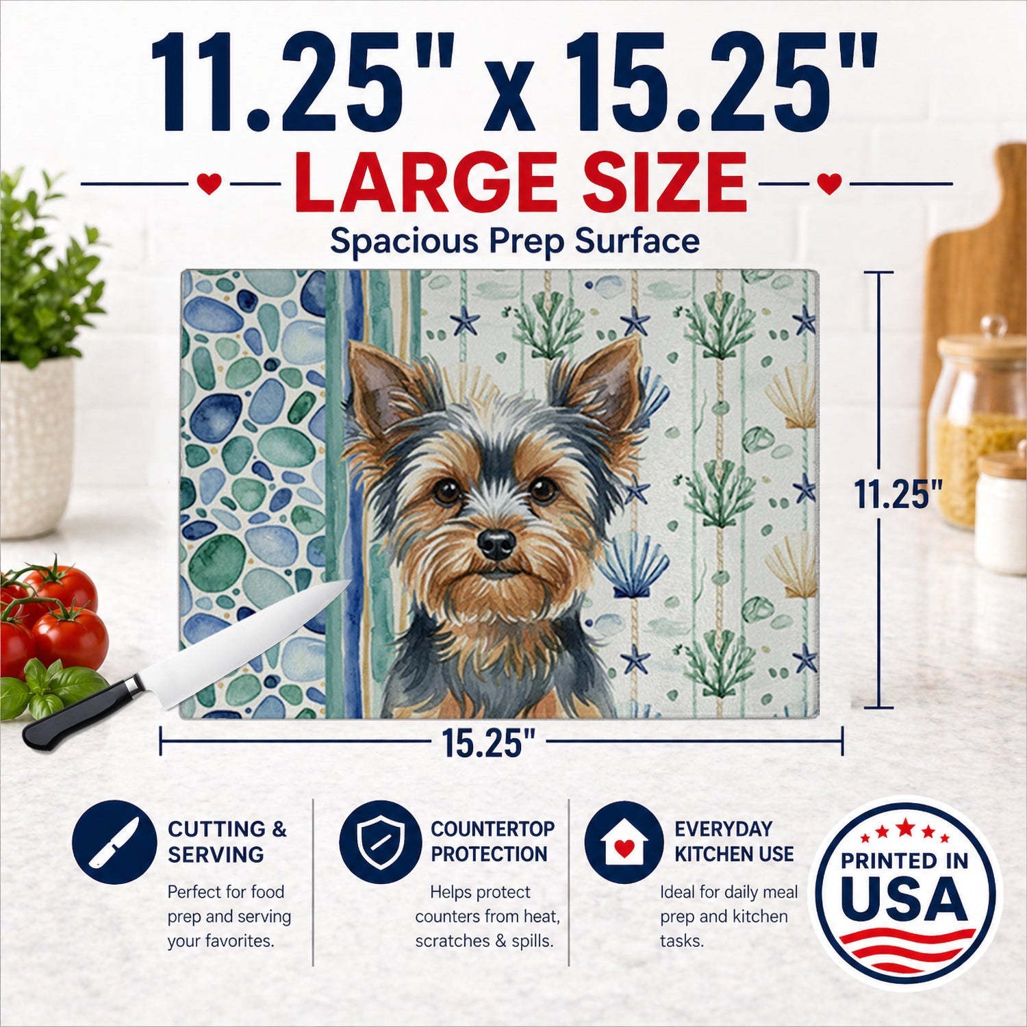 Blue and Tan Yorkshire Terrier Coastal Sea Glass Cutting Board Tempered Glass Kitchen Cutting Surface, Heat Resistant Chopping, Non-Slip Feet, Food Prep & Serving