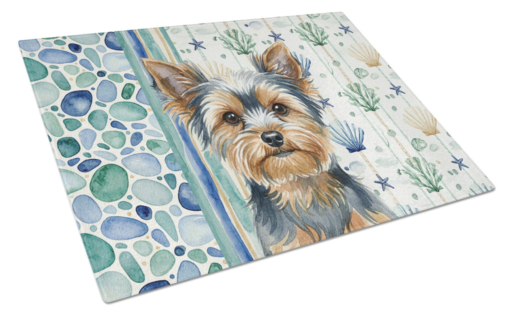Blue and Tan Yorkshire Terrier Coastal Sea Glass Cutting Board Tempered Glass Kitchen Cutting Surface, Heat Resistant Chopping, Non-Slip Feet, Food Prep & Serving