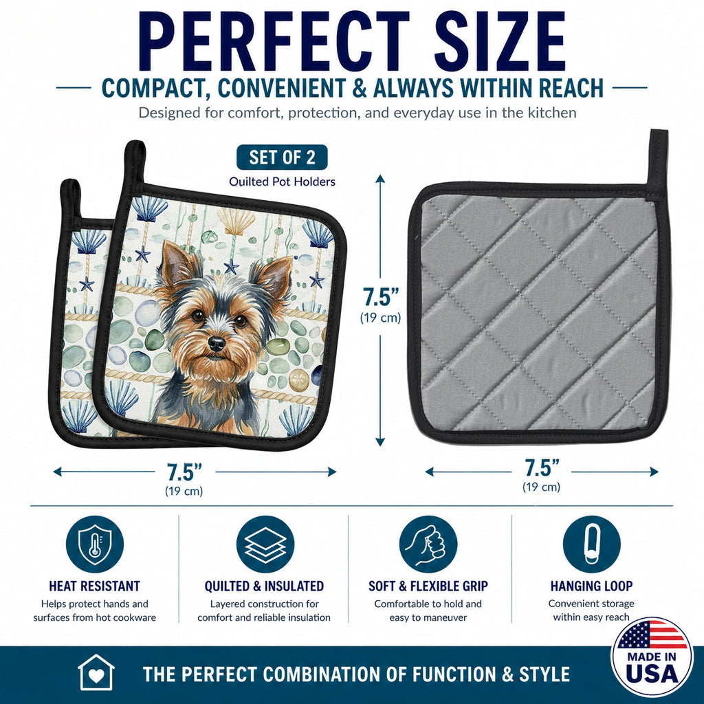 Blue and Tan Yorkshire Terrier Coastal Sea Glass Pot Holder Set of 2 Heat Resistant Quilted Hot Pads 7.5 x 7.5 Inch, Insulated Kitchen Trivets for Cooking & Baking