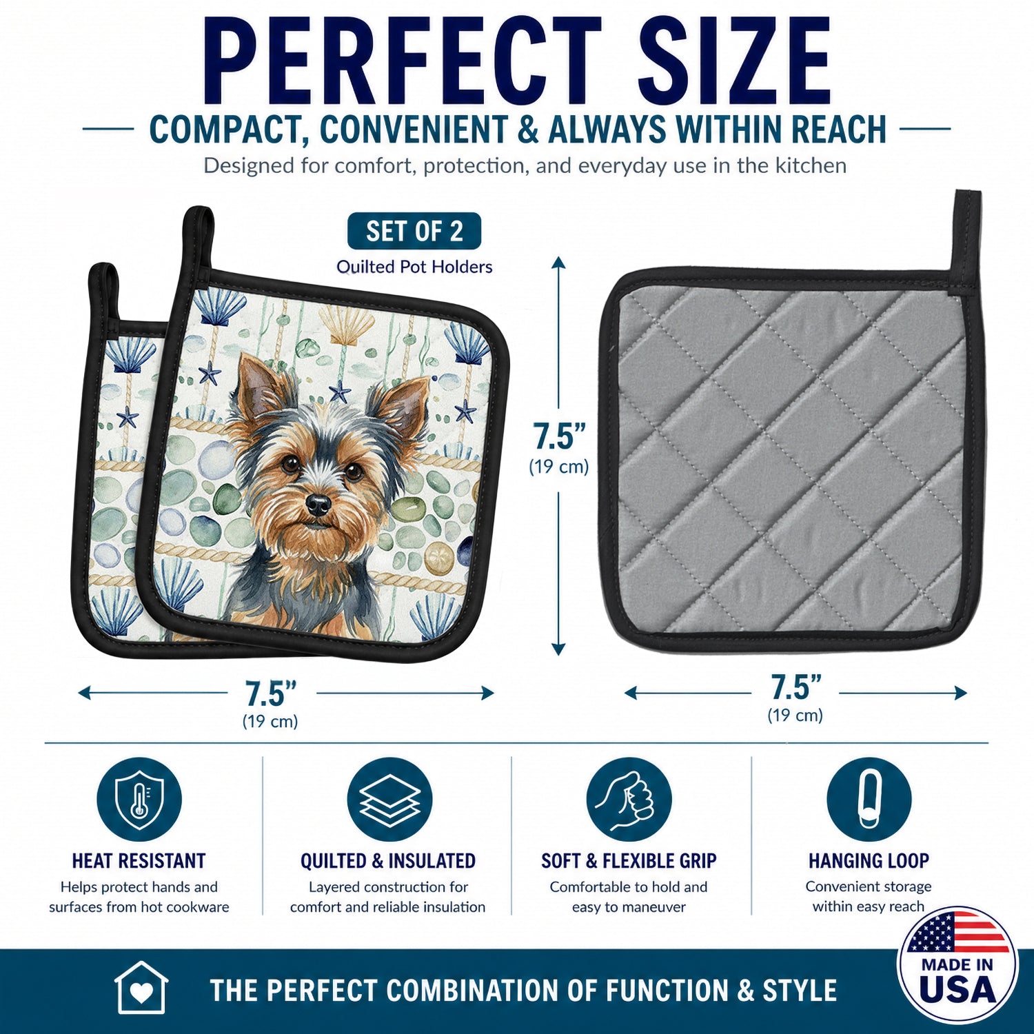 Blue and Tan Yorkshire Terrier Coastal Sea Glass Pot Holder Set of 2 Heat Resistant Quilted Hot Pads 7.5 x 7.5 Inch, Insulated Kitchen Trivets for Cooking & Baking