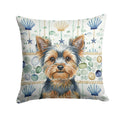 Blue and Tan Yorkshire Terrier Coastal Sea Glass Decorative Throw Pillow 14x14 Indoor Outdoor Accent Cushion, Fabric Cover with Insert for Sofa, Bed, Porch & Living Room