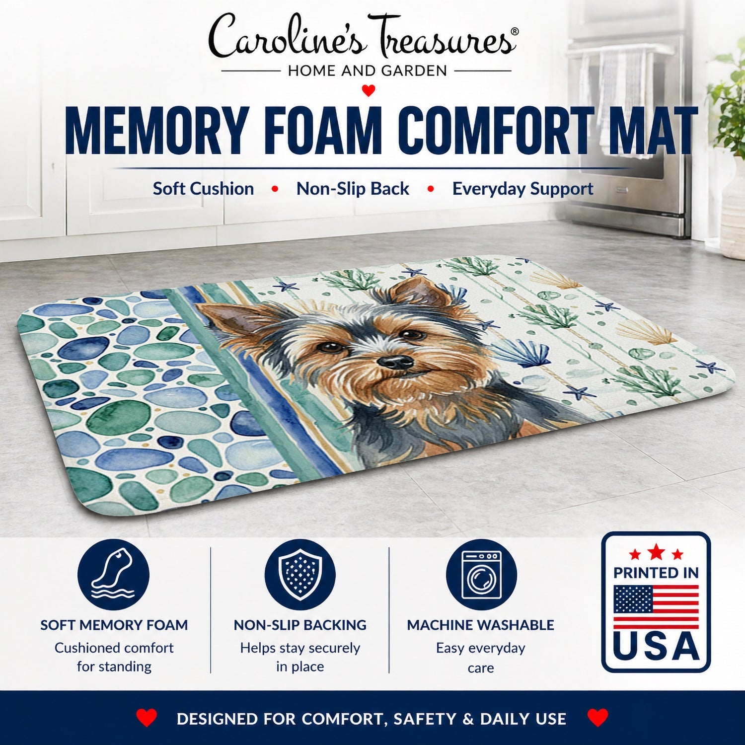 Blue and Tan Yorkshire Terrier Coastal Sea Glass Memory Foam Kitchen Mat Machine Washable Anti-Fatigue Cushion Comfort Bath or Kitchen Rug