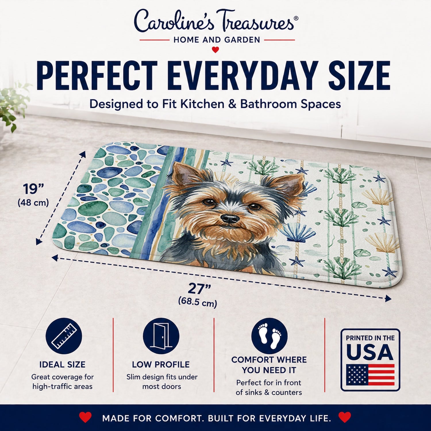 Blue and Tan Yorkshire Terrier Coastal Sea Glass Memory Foam Kitchen Mat Machine Washable Anti-Fatigue Cushion Comfort Bath or Kitchen Rug