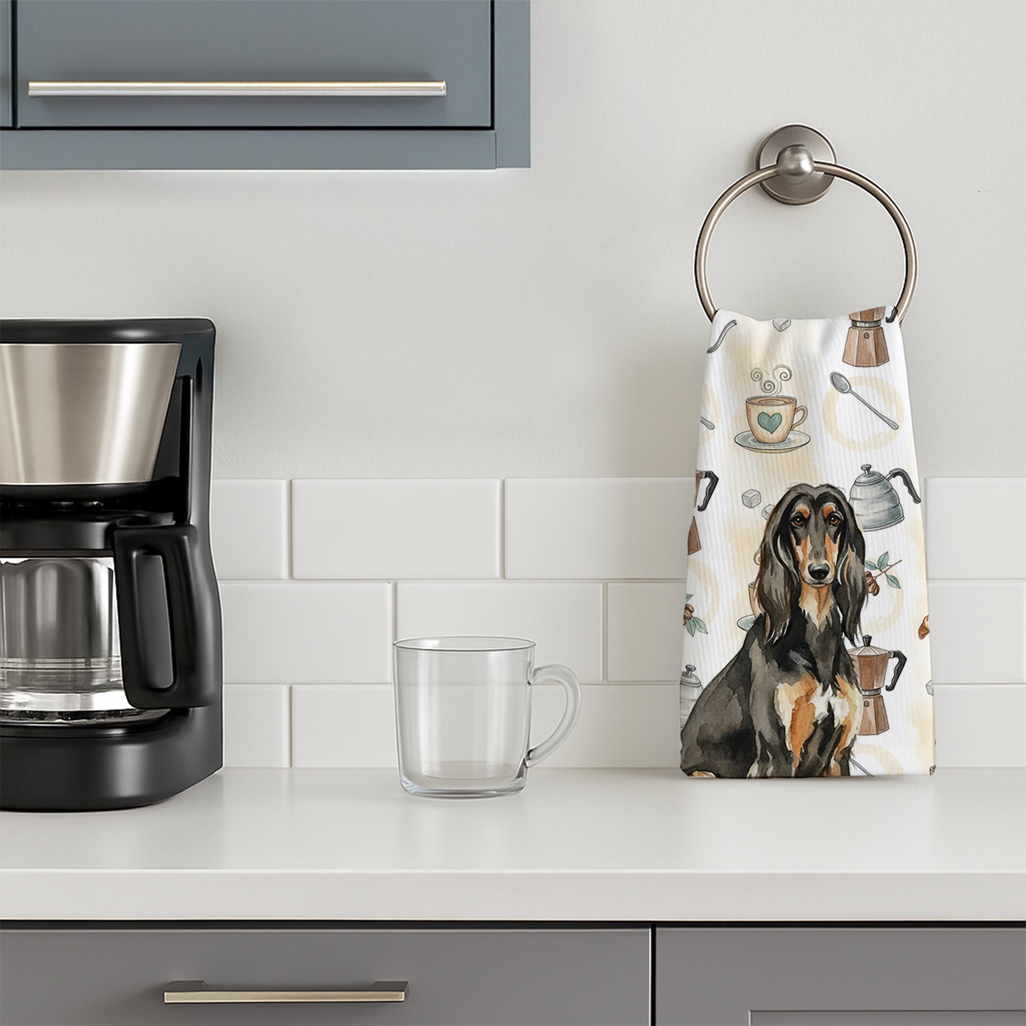Black & Tan Afghan Hound Coffee Bar Kitchen Towel Velour Plush Front and Cotton Loop Back Machine Washable