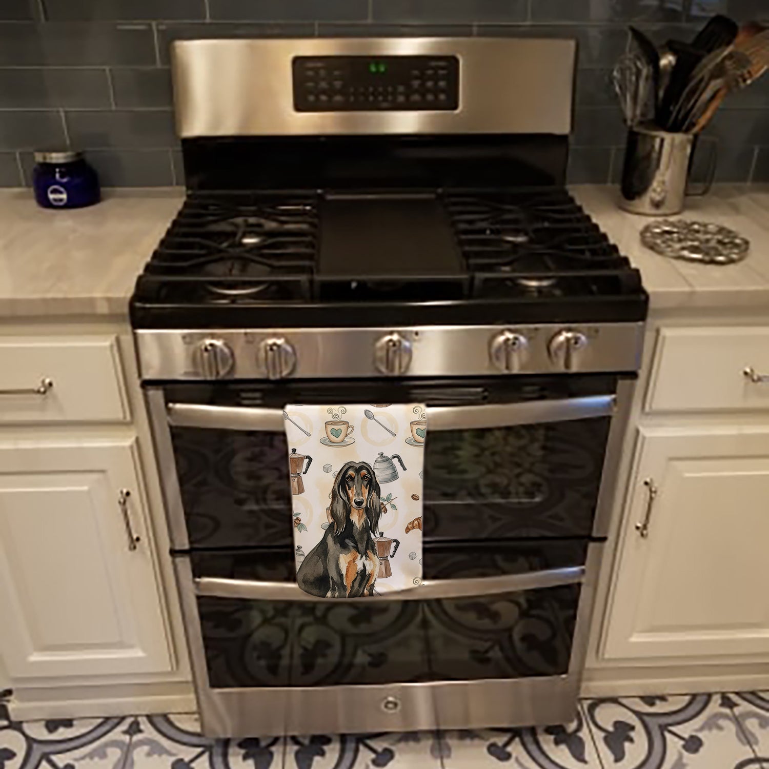 Black & Tan Afghan Hound Coffee Bar Kitchen Towel Velour Plush Front and Cotton Loop Back Machine Washable