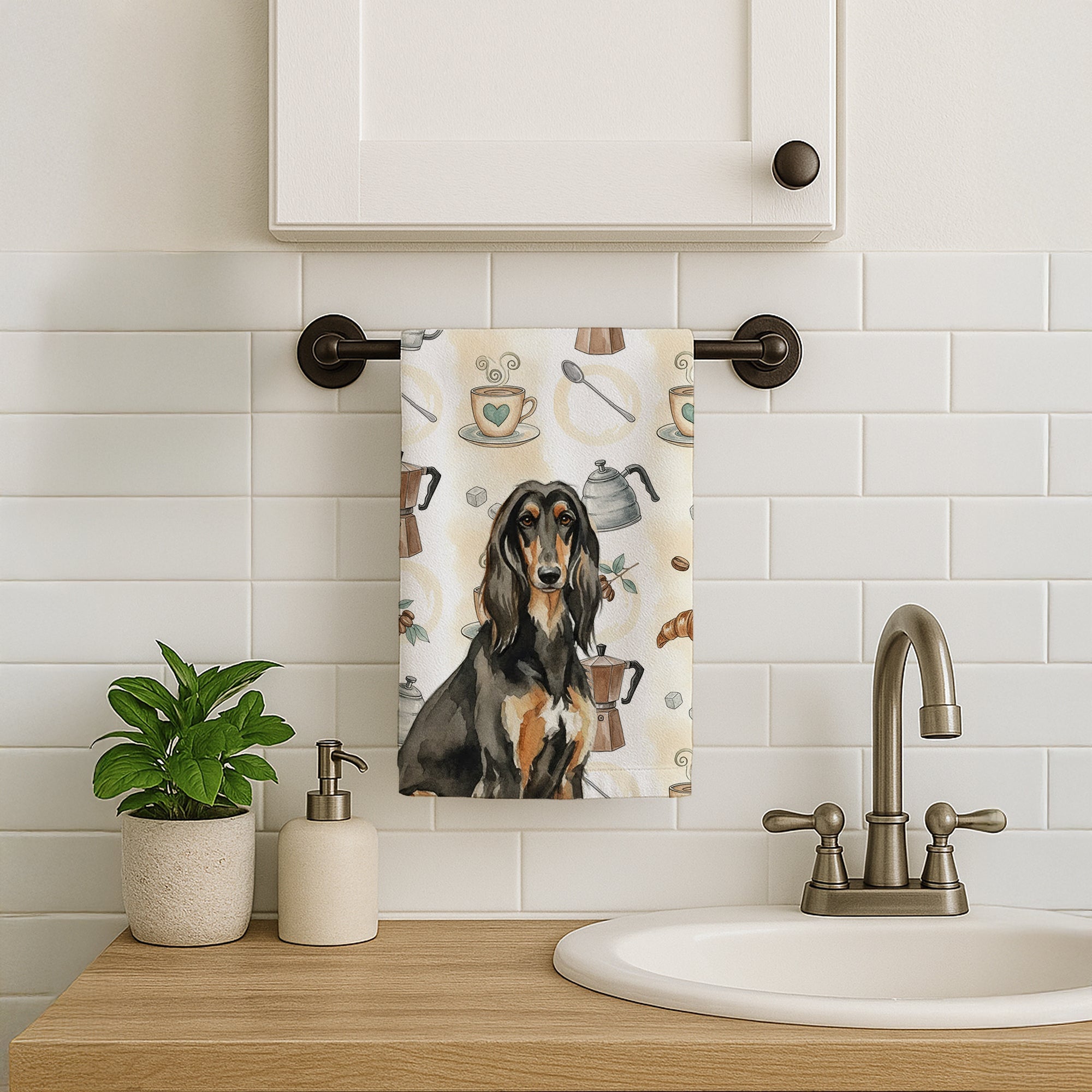 Black & Tan Afghan Hound Coffee Bar Kitchen Towel Velour Plush Front and Cotton Loop Back Machine Washable