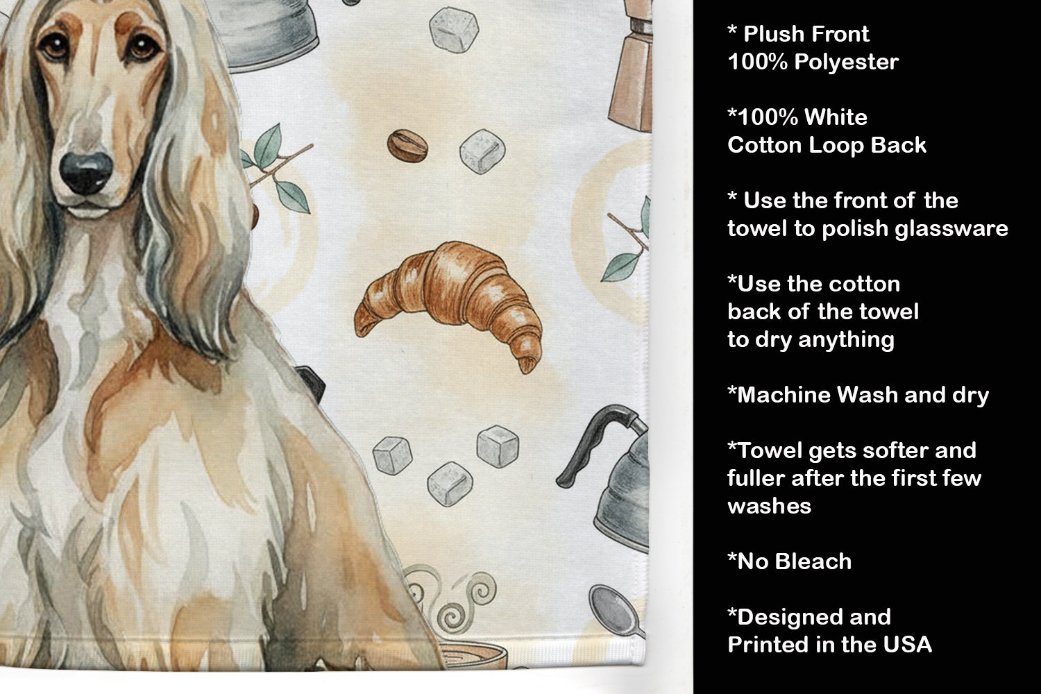 Afghan Hound Coffee Bar Kitchen Towel Velour Plush Front and Cotton Loop Back Machine Washable