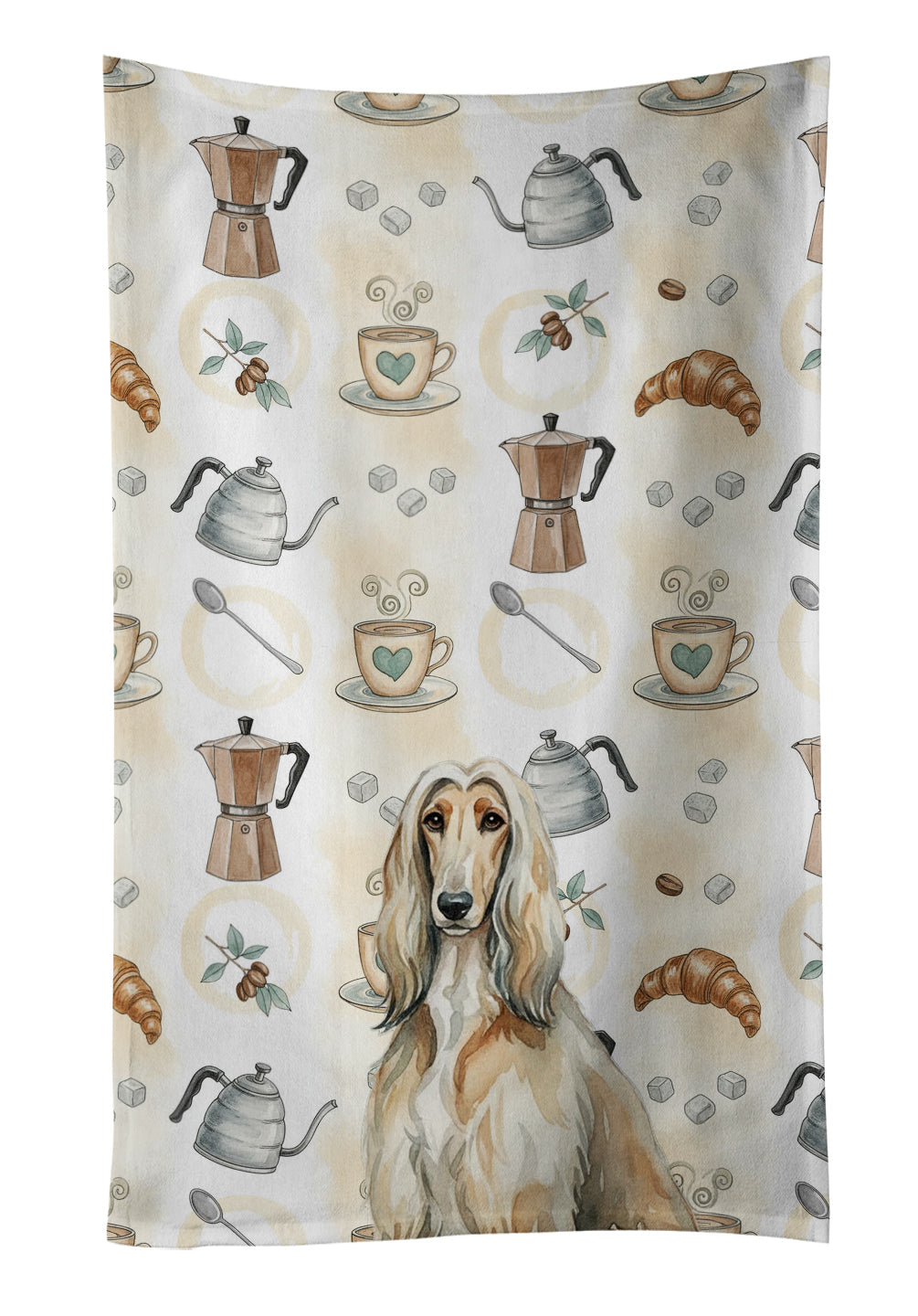 Afghan Hound Coffee Bar Kitchen Towel Velour Plush Front and Cotton Loop Back Machine Washable
