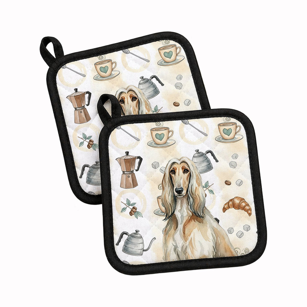 Afghan Hound Coffee Bar Pot Holder Set of 2 Heat Resistant Quilted Hot Pads 7.5 x 7.5 Inch, Insulated Kitchen Trivets for Cooking & Baking