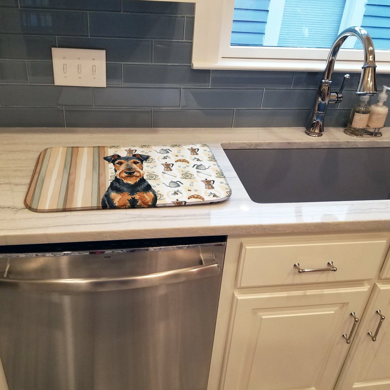Airedale Terrier Coffee Bar Dish Drying Mat Absorbent Dish Drying Mat Pad for Kitchen Counter Dish Drainer Mat for Countertop, 14 x 21", Multicolor