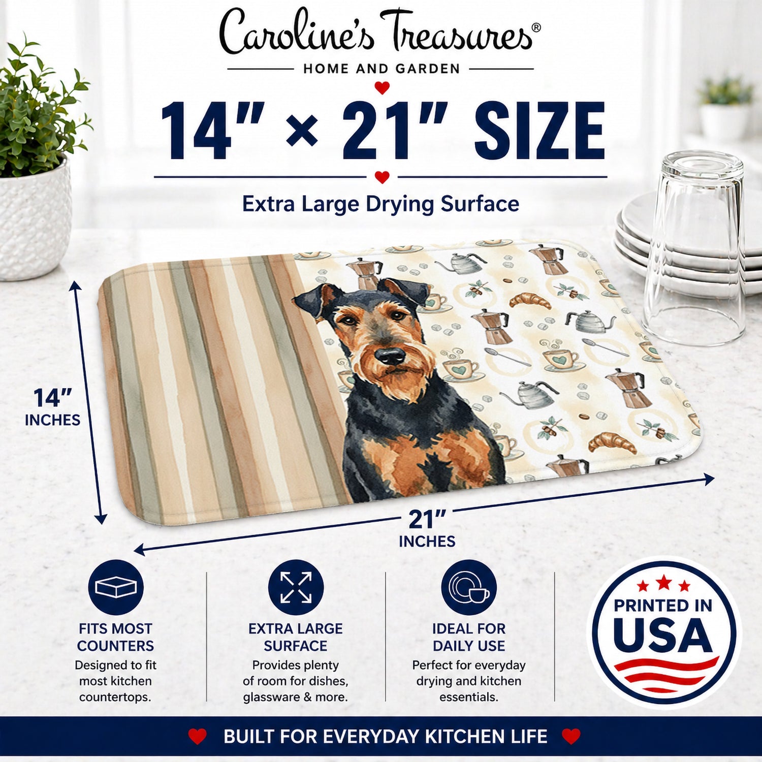 Airedale Terrier Coffee Bar Dish Drying Mat Absorbent Dish Drying Mat Pad for Kitchen Counter Dish Drainer Mat for Countertop, 14 x 21", Multicolor