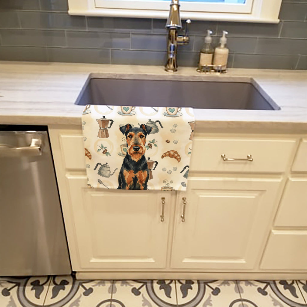Airedale Terrier Coffee Bar Kitchen Towel Velour Plush Front and Cotton Loop Back Machine Washable