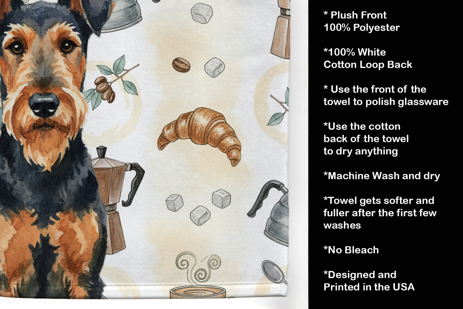 Airedale Terrier Coffee Bar Kitchen Towel Velour Plush Front and Cotton Loop Back Machine Washable