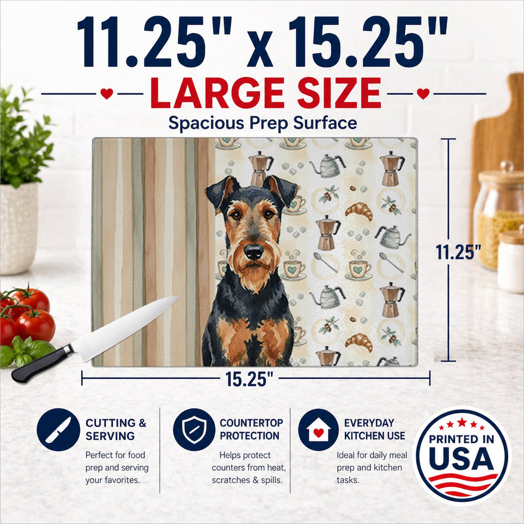 Airedale Terrier Coffee Bar Cutting Board Tempered Glass Kitchen Cutting Surface, Heat Resistant Chopping, Non-Slip Feet, Food Prep & Serving