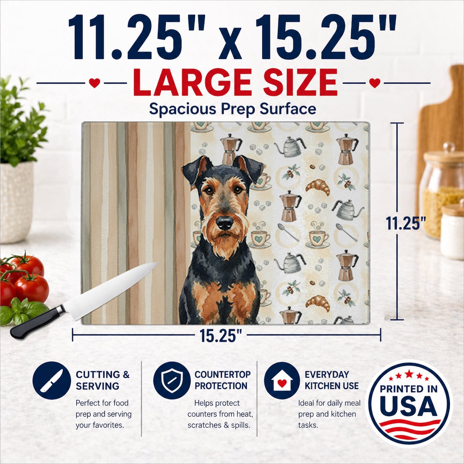 Airedale Terrier Coffee Bar Cutting Board Tempered Glass Kitchen Cutting Surface, Heat Resistant Chopping, Non-Slip Feet, Food Prep & Serving