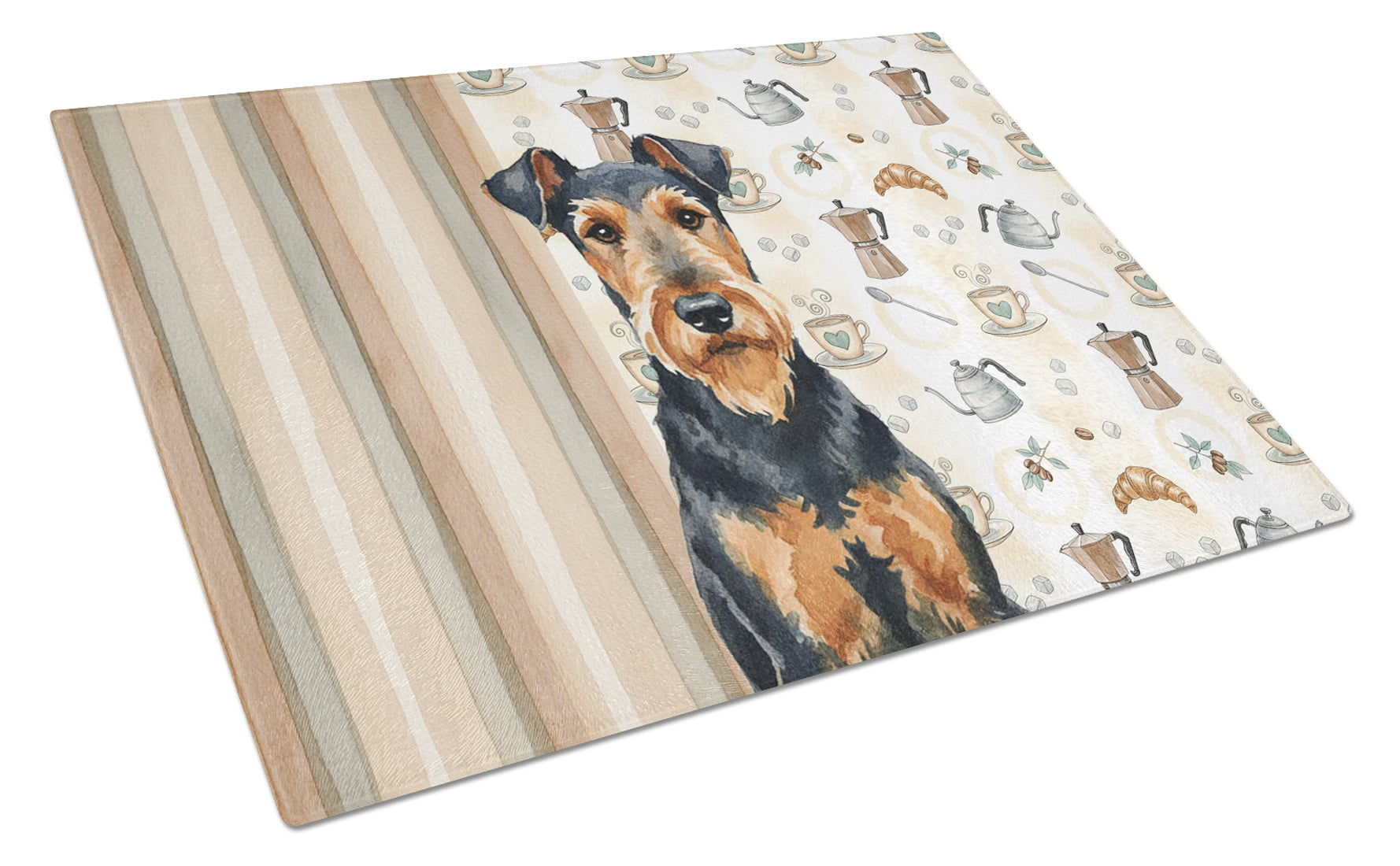 Airedale Terrier Coffee Bar Cutting Board Tempered Glass Kitchen Cutting Surface, Heat Resistant Chopping, Non-Slip Feet, Food Prep & Serving