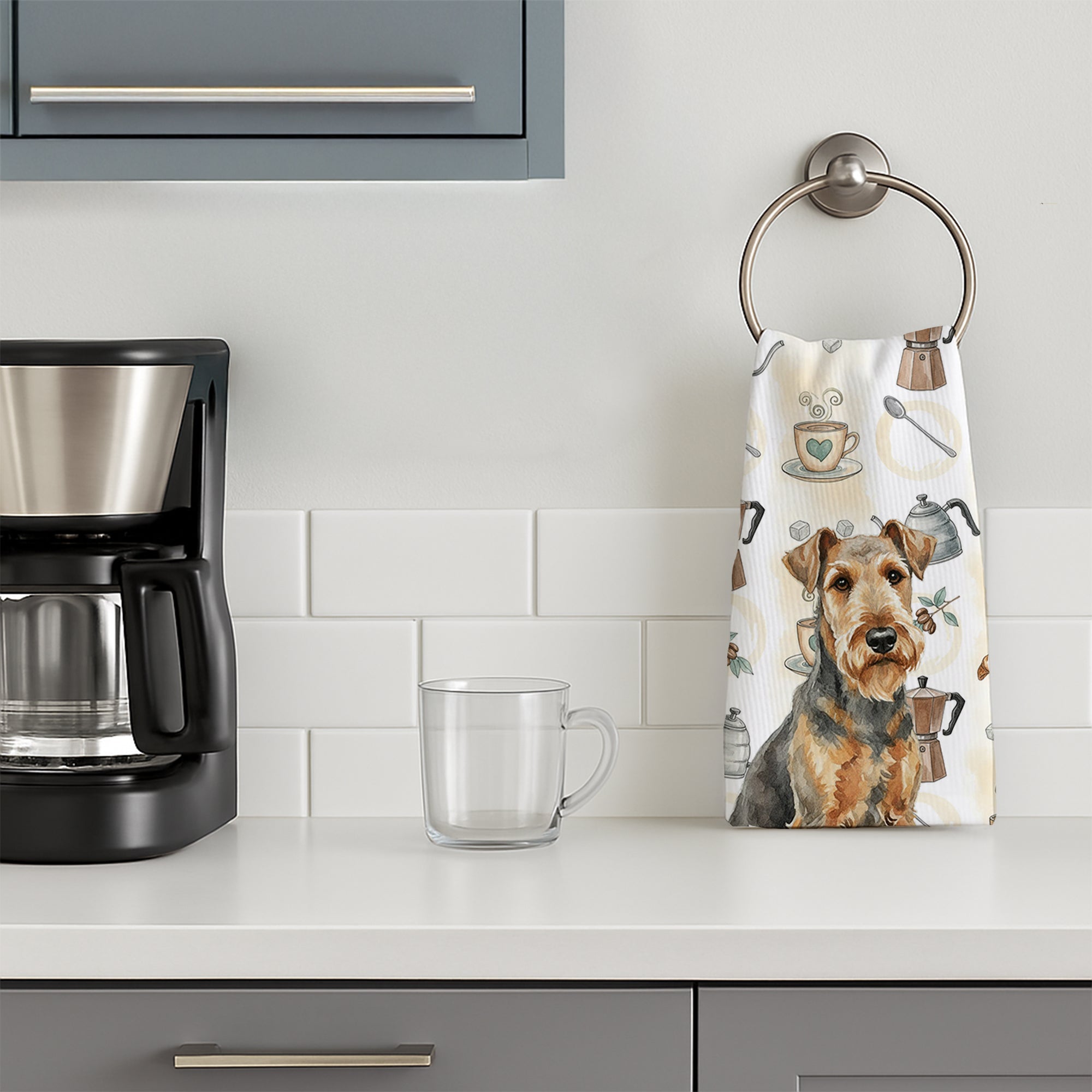 Grizzle Airedale Terrier Coffee Bar Kitchen Towel Velour Plush Front and Cotton Loop Back Machine Washable