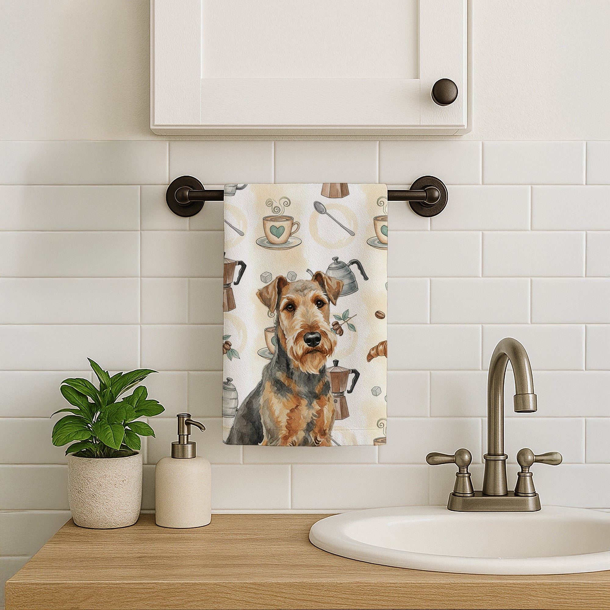 Grizzle Airedale Terrier Coffee Bar Kitchen Towel Velour Plush Front and Cotton Loop Back Machine Washable