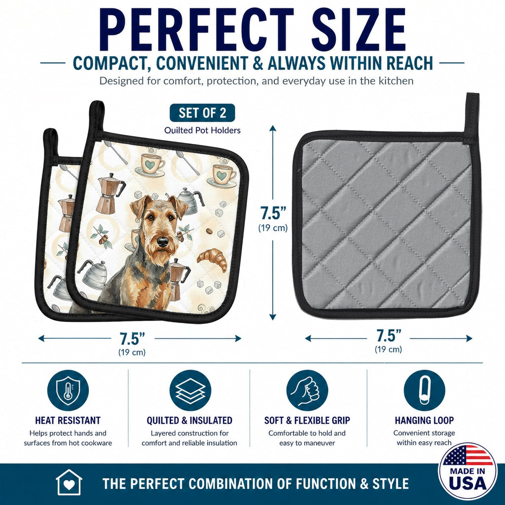 Grizzle Airedale Terrier Coffee Bar Pot Holder Set of 2 Heat Resistant Quilted Hot Pads 7.5 x 7.5 Inch, Insulated Kitchen Trivets for Cooking & Baking