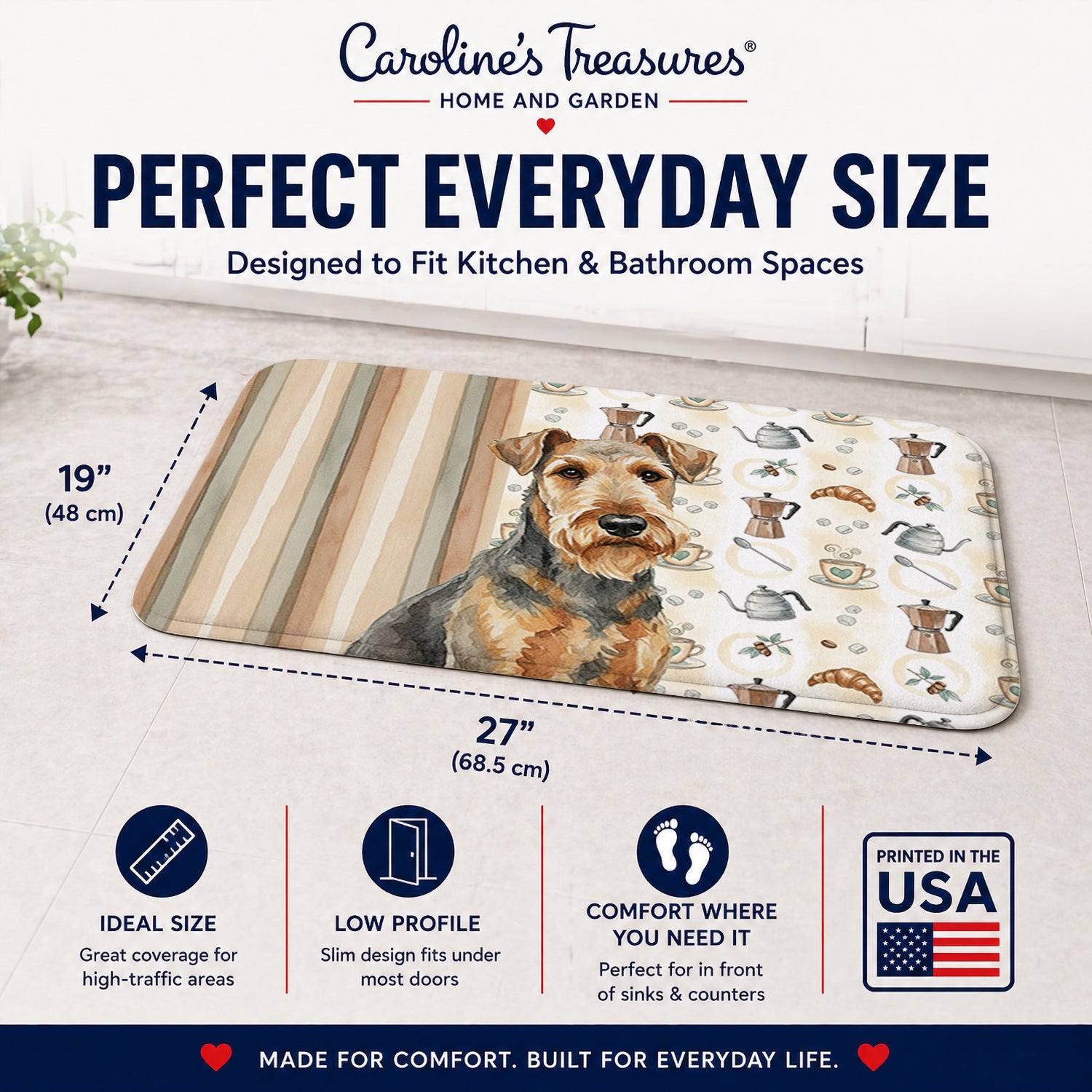 Grizzle Airedale Terrier Coffee Bar Memory Foam Kitchen Mat Machine Washable Anti-Fatigue Cushion Comfort Bath or Kitchen Rug