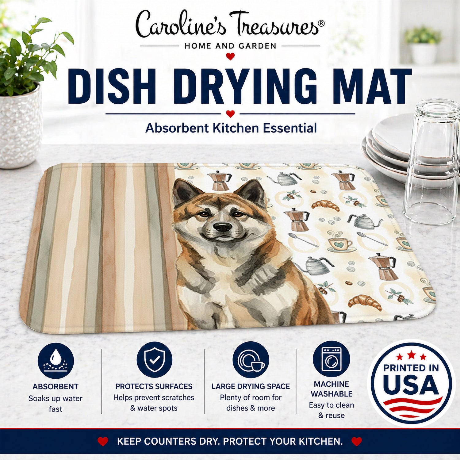 Brindle Akita Coffee Bar Dish Drying Mat Absorbent Dish Drying Mat Pad for Kitchen Counter Dish Drainer Mat for Countertop, 14 x 21", Multicolor