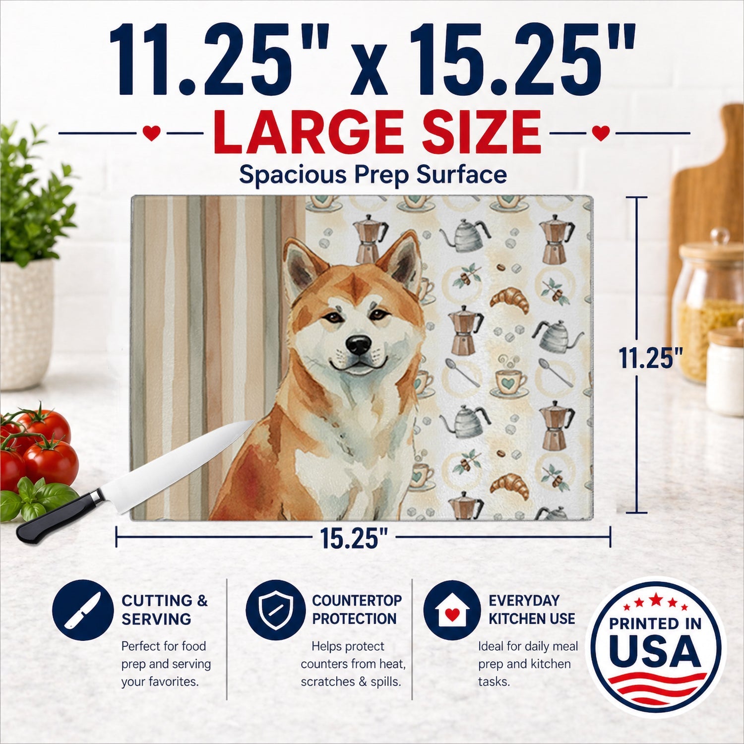 Red Akita Coffee Bar Cutting Board Tempered Glass Kitchen Cutting Surface, Heat Resistant Chopping, Non-Slip Feet, Food Prep & Serving