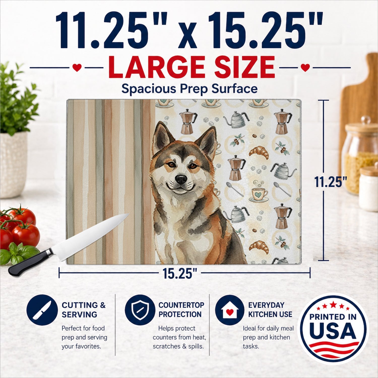 Sesame Akita Coffee Bar Cutting Board Tempered Glass Kitchen Cutting Surface, Heat Resistant Chopping, Non-Slip Feet, Food Prep & Serving