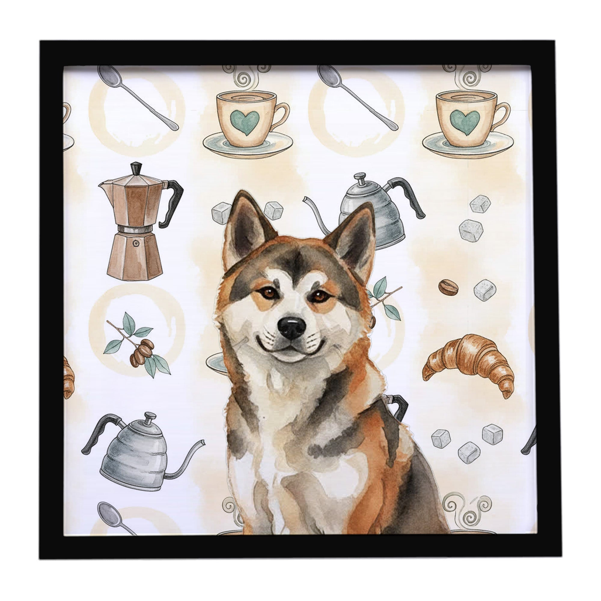 Sesame Akita Coffee Bar Framed Metal Print Bathroom, Kitchen, Office, Home Decor Wall Art Ready to Hang, Square, 8X8