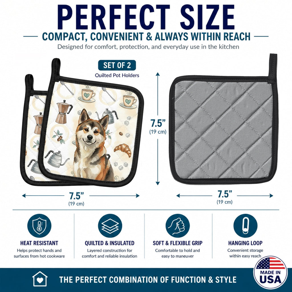 Sesame Akita Coffee Bar Pot Holder Set of 2 Heat Resistant Quilted Hot Pads 7.5 x 7.5 Inch, Insulated Kitchen Trivets for Cooking & Baking